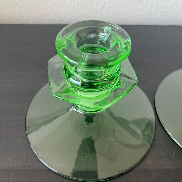 Vintage Fostoria Green Uranium Glass Candle Holders // Set of 2 // Fairfax Taper - Picture 3 of 6